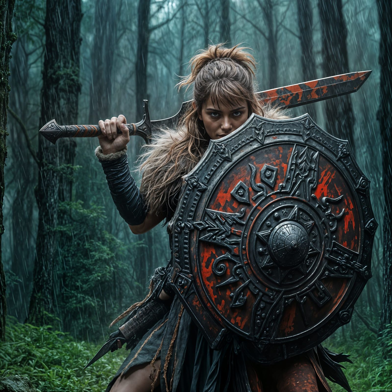 Epic Warrior in Stormy Forest, Red and Grey Hues