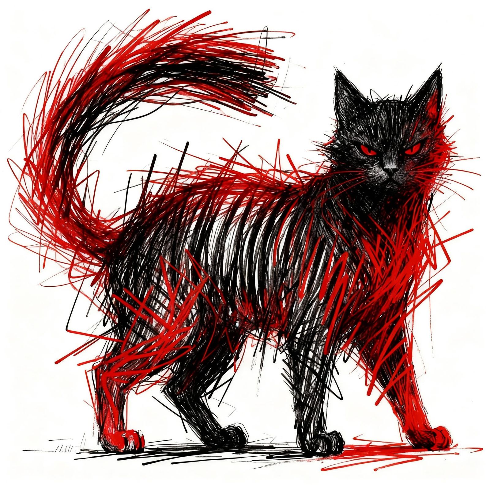 Chaotic Demon Cat Abstract Art in Ink