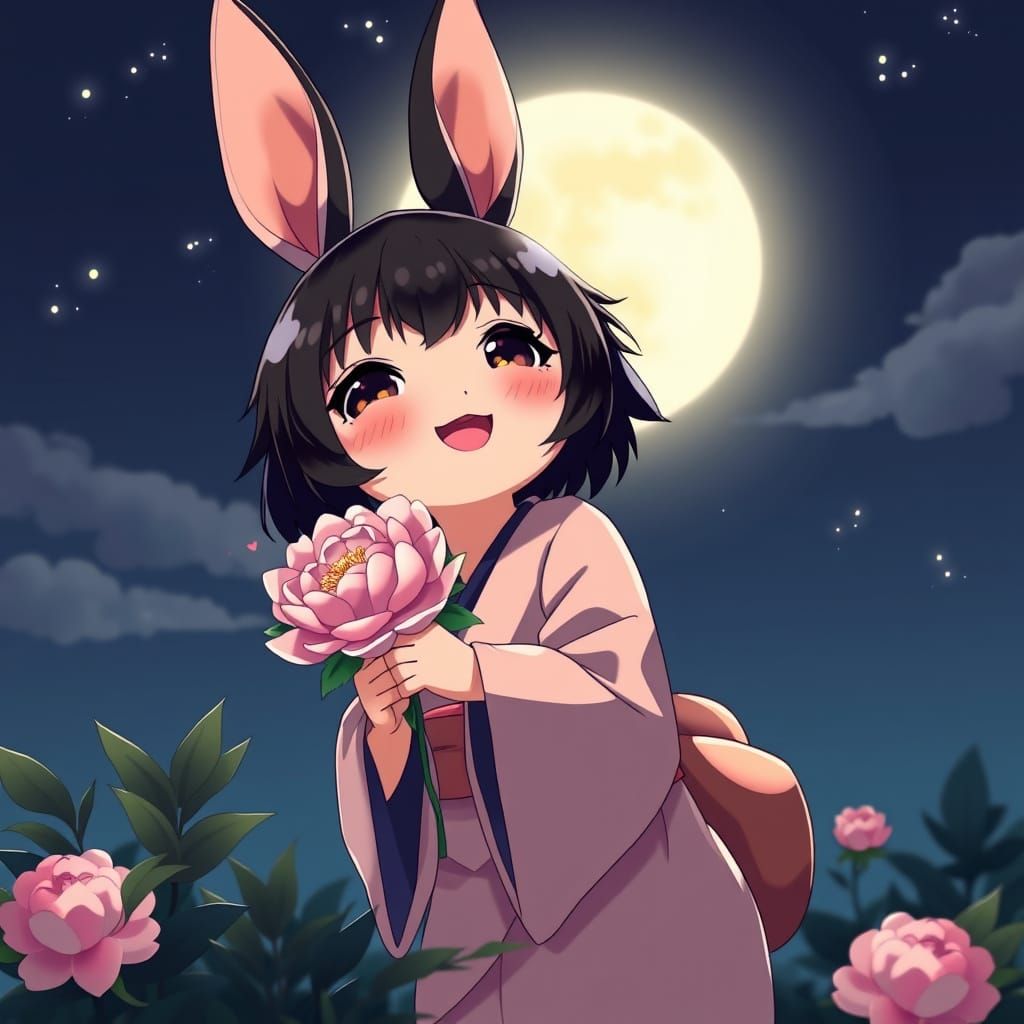 Bunny Enjoys a Moonlit Moment in Traditional Kimono