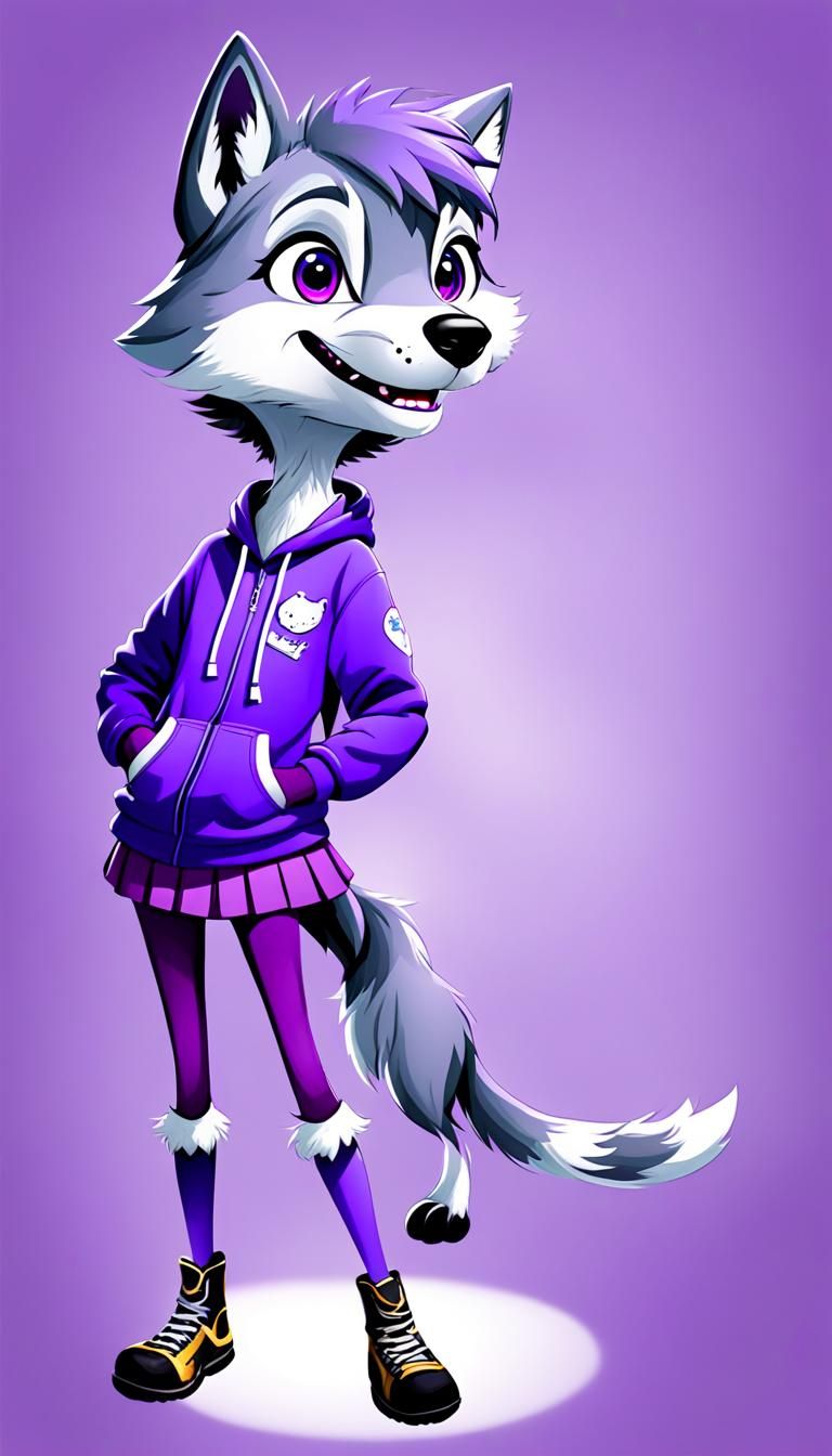 Anthropomorphic Grey Wolf Mascot in Purple Hoodie