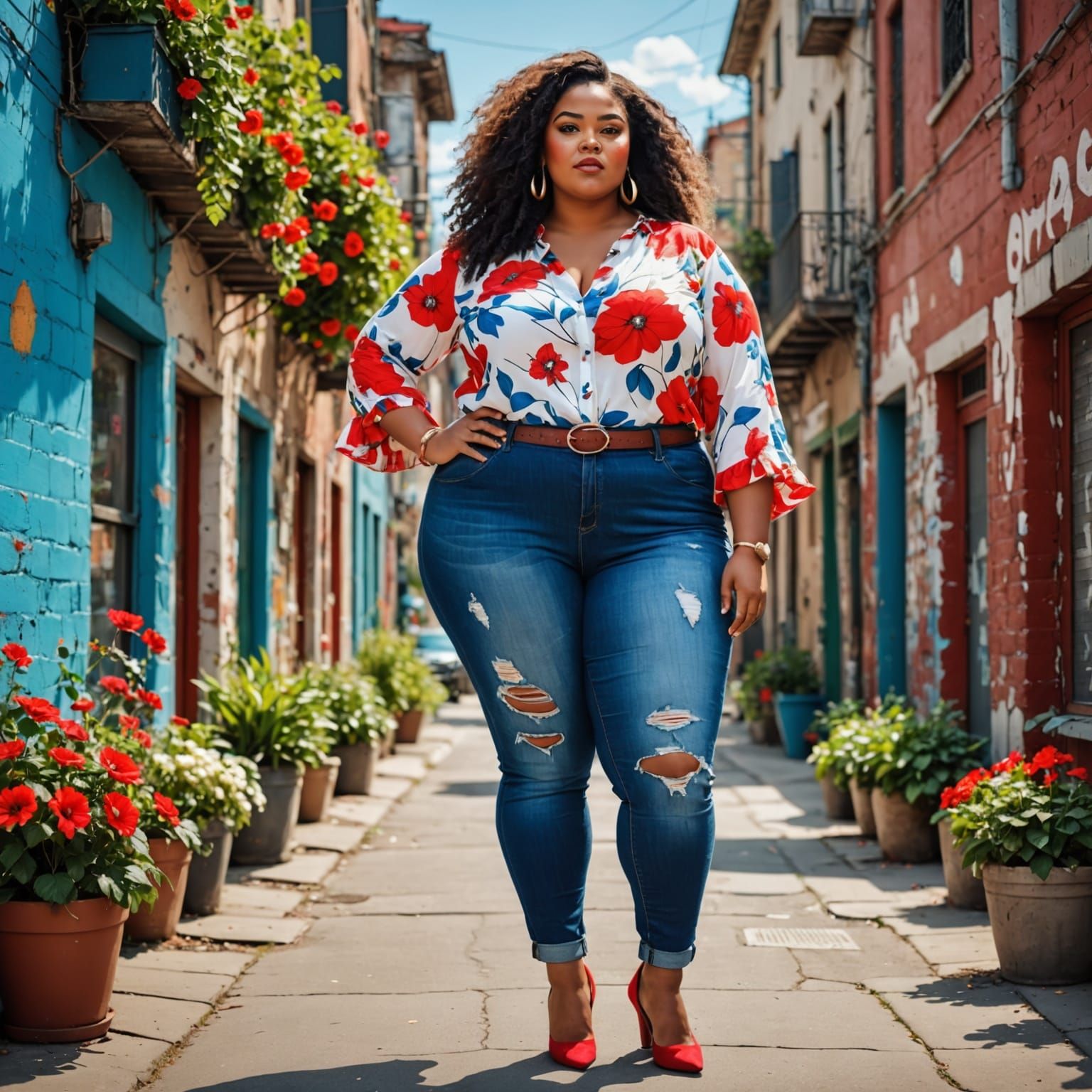 Vibrant Digital Art of a Curvy Woman in Urban Setting