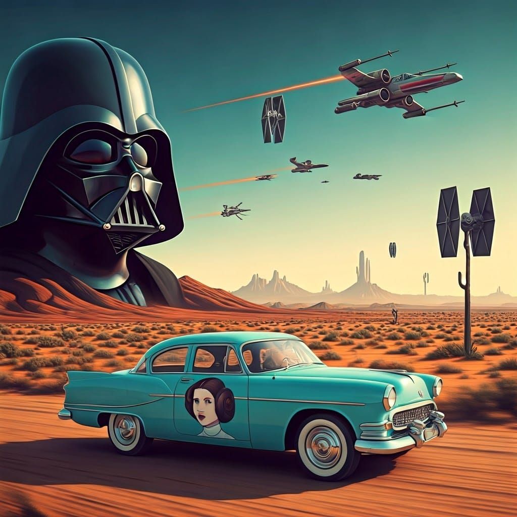 Retro Car in Surreal Star Wars Landscape