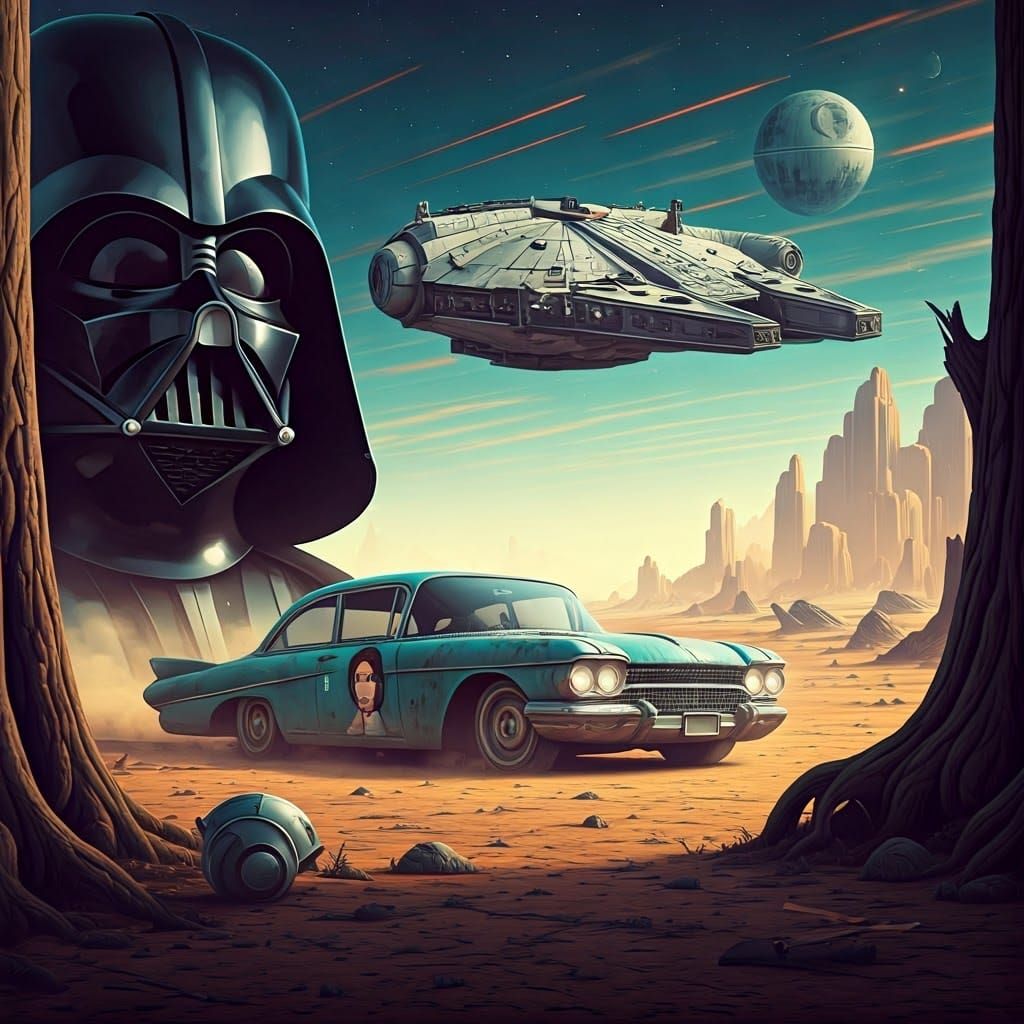 Vintage Car in Surreal Star Wars Landscape