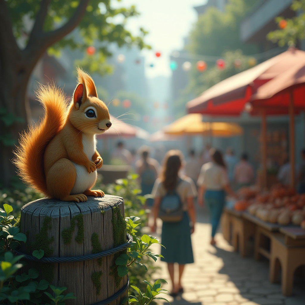 Squirrel Surveys Bustling Street Scene in Detailed Matte Pai...