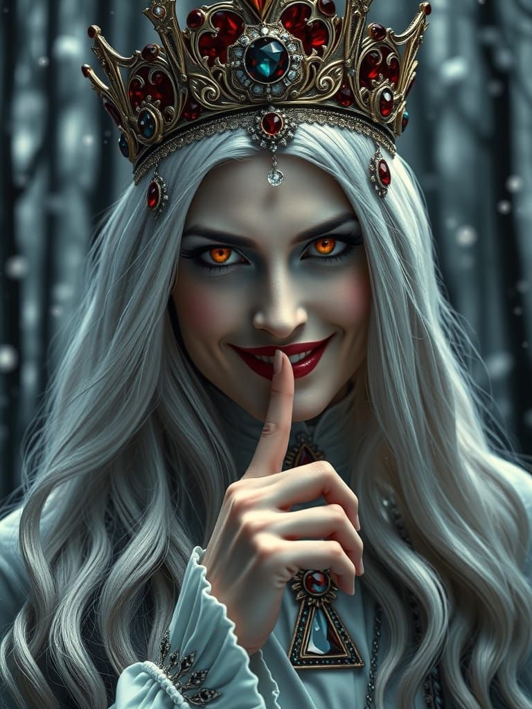 Evil Vampire Queen with White Hair and Crown in Winter Fores...