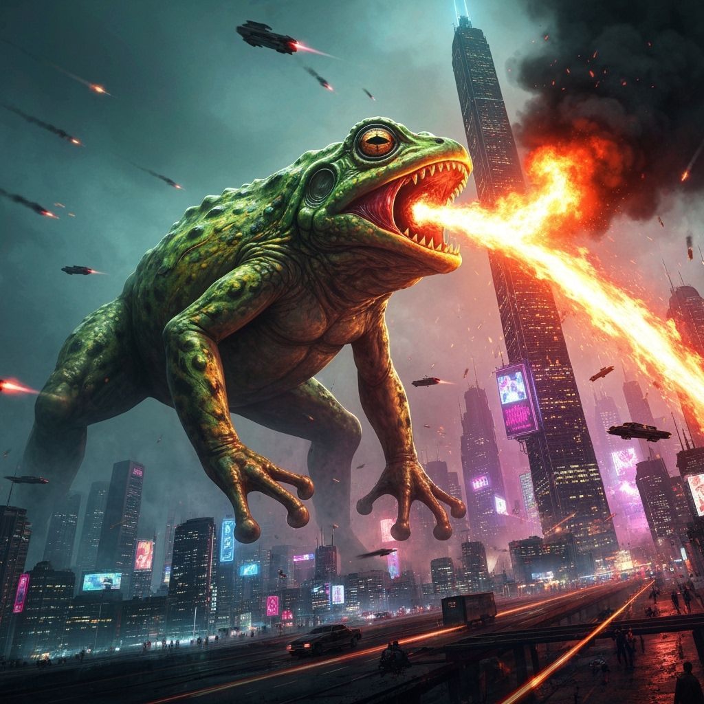 Giant Monster Frog Attacks Futuristic City in Fiery Inferno