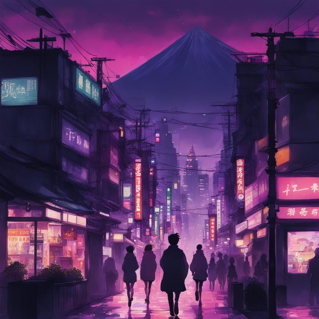 Cyberpunk Cityscape at Night in Watercolor Style