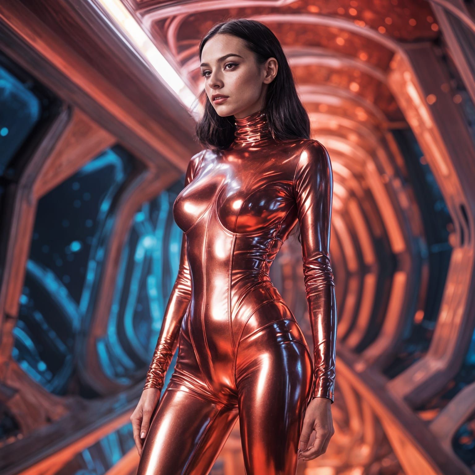 Glowing Red Cosmic Goddess in Elegant Latex