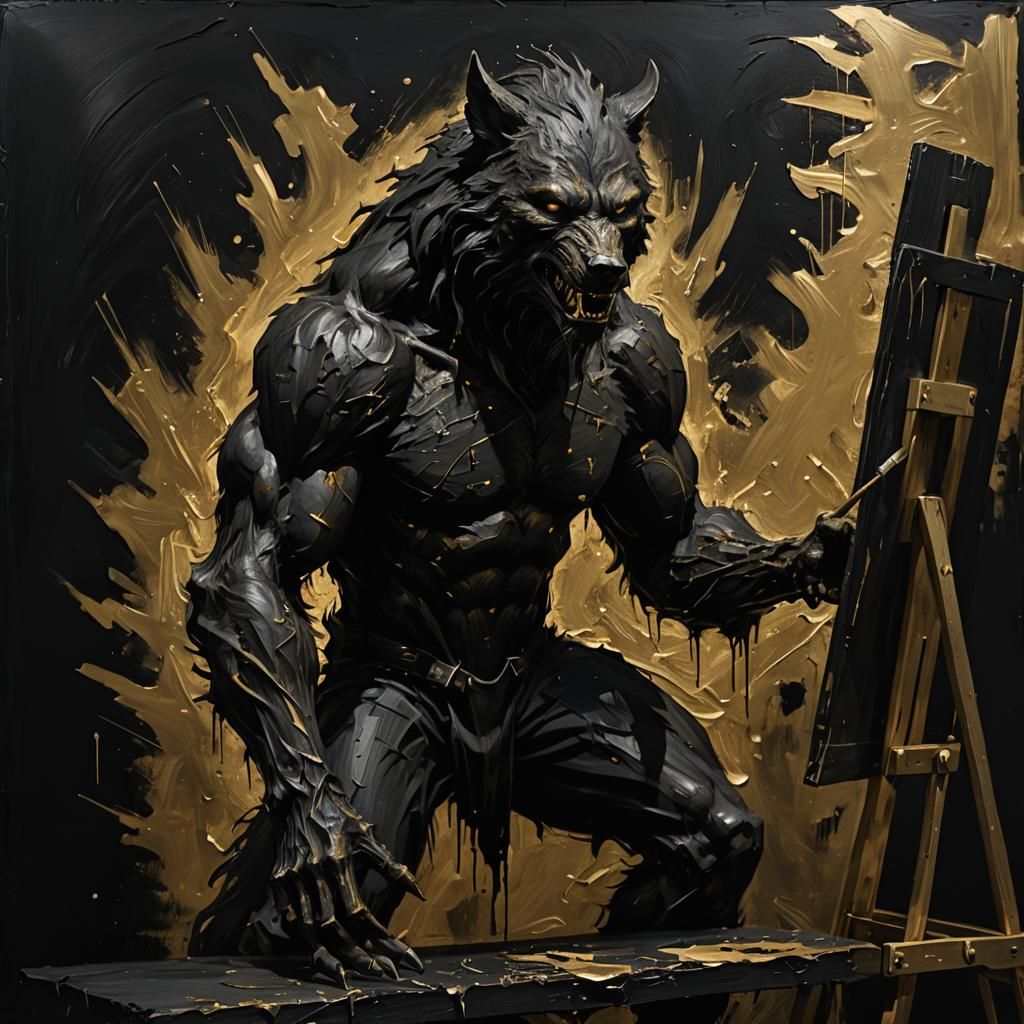 Black Werewolf Painting with Golden Highlights