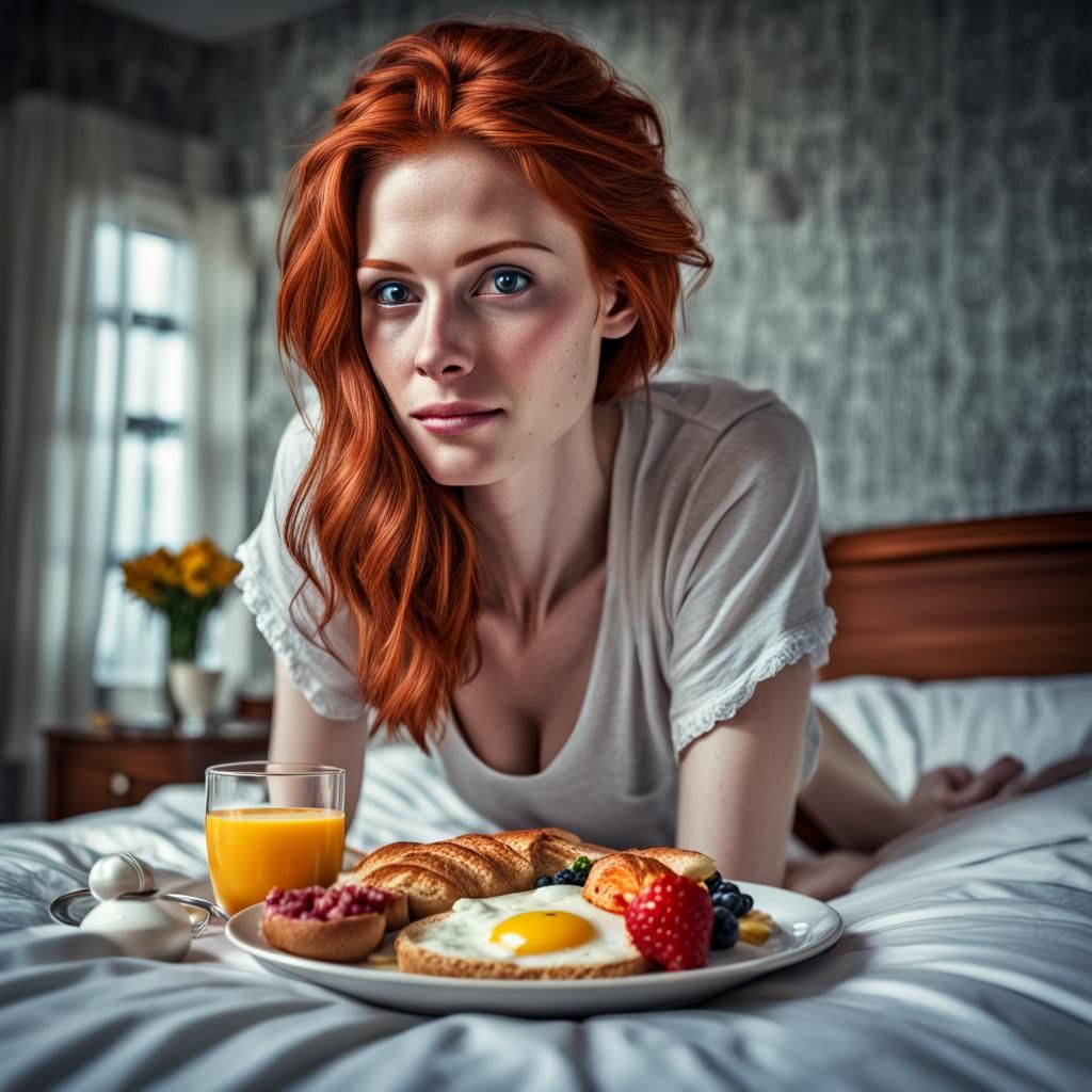 Hyperrealistic Redhead Breakfast in Bed: Fantasy Scene