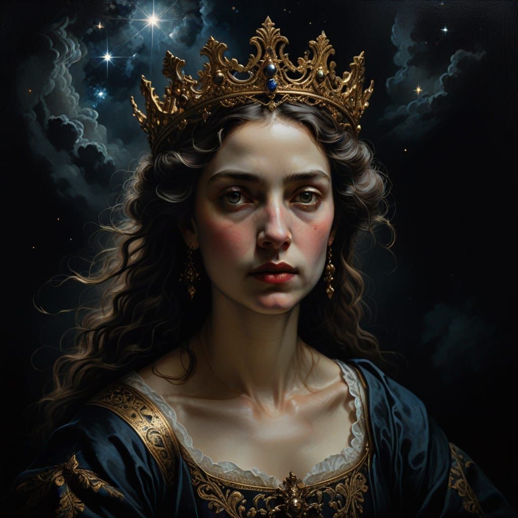 Glowing Queen in Baroque Oil Painting with Celestial Crown