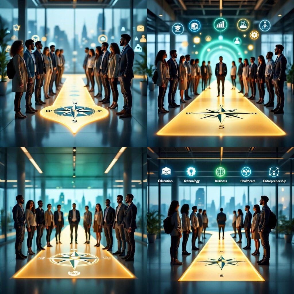 Diverse Professionals on Glowing Career Compass Pathway