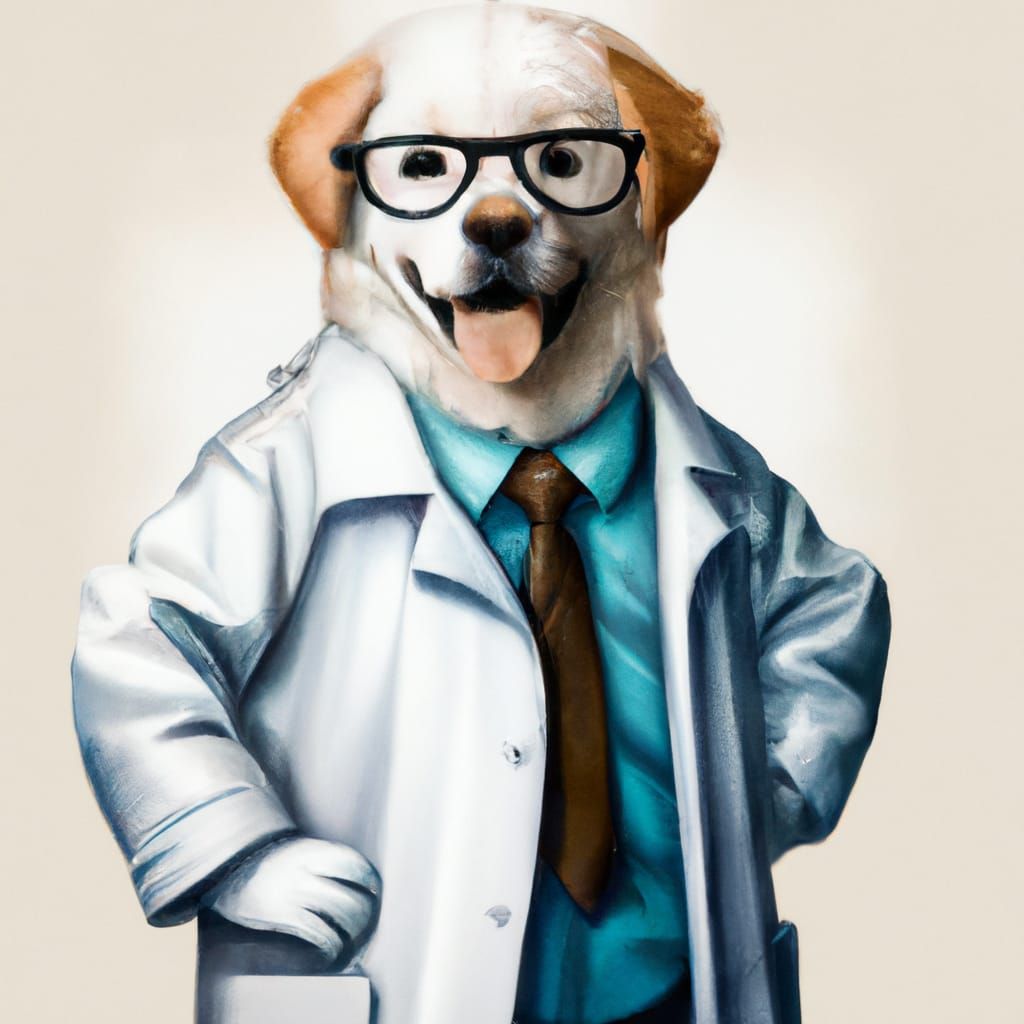 Dog Scientist in Lab Coat with Calligraphy Elements