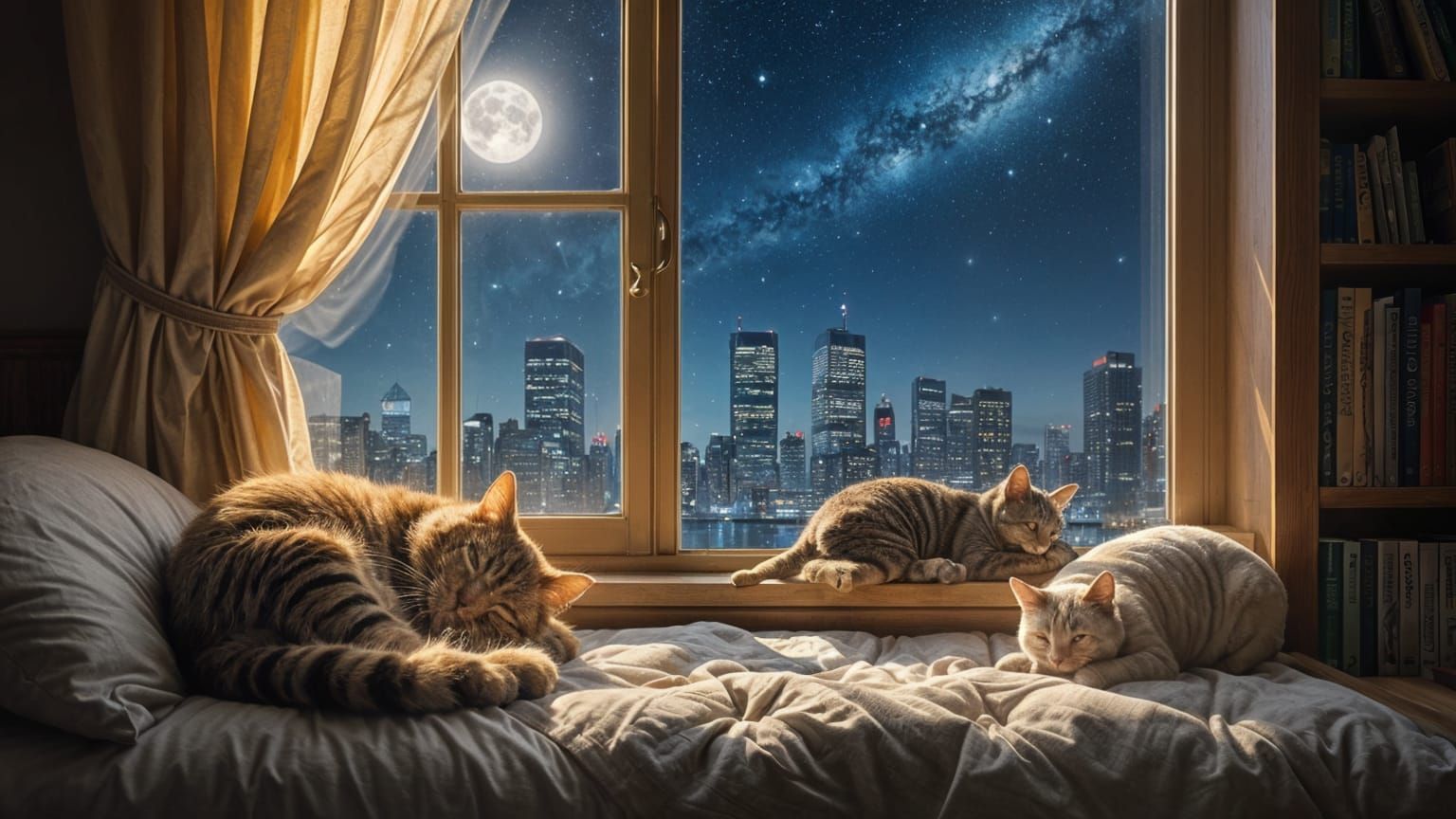 Enchanted Window View: Four Sleeping Cats in Dreamscape