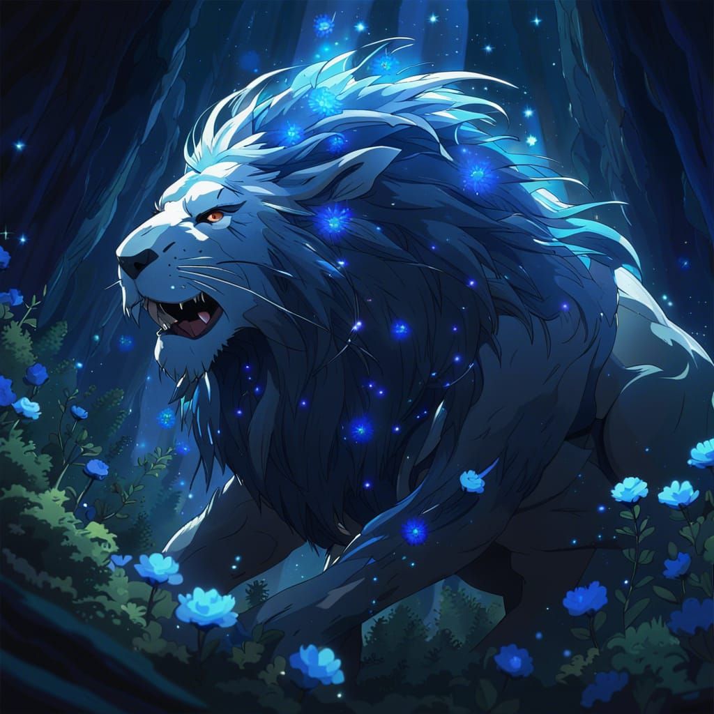 Cyborg Lion with Blue Flowers: Anime Key Visual