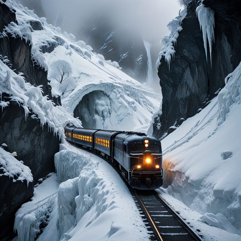 Frosty Train Through Snowy Mountains in Dramatic Style