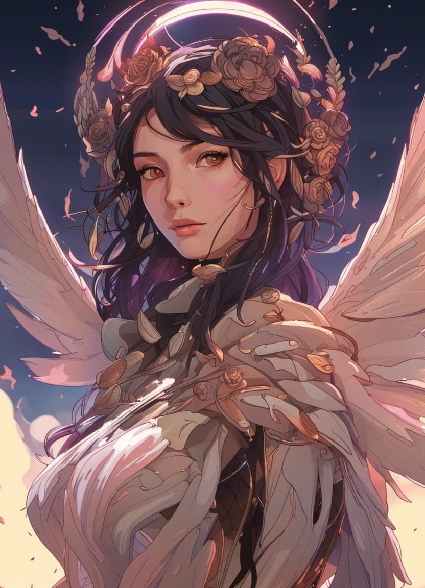 Synthwave Angel Portrait with Luminescent Wings