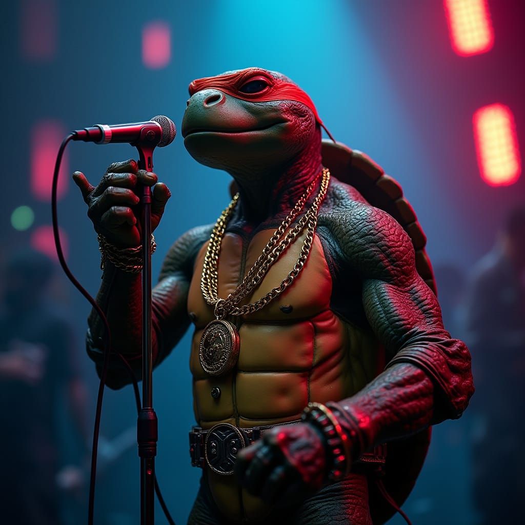 A famous rapper turtle singing on stage at a concert, blendi...