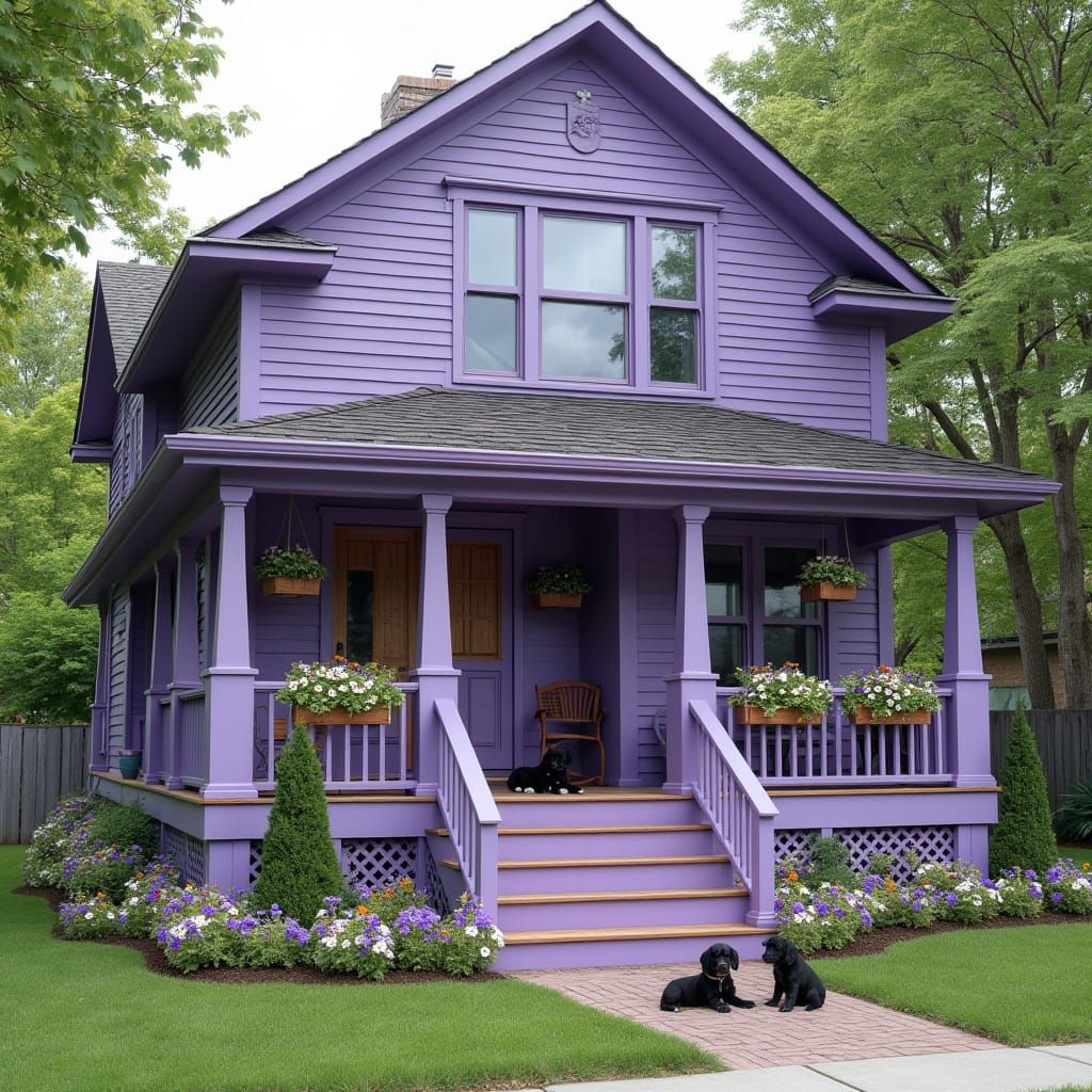 Hippie House with Puppies and Flower-Filled Porch