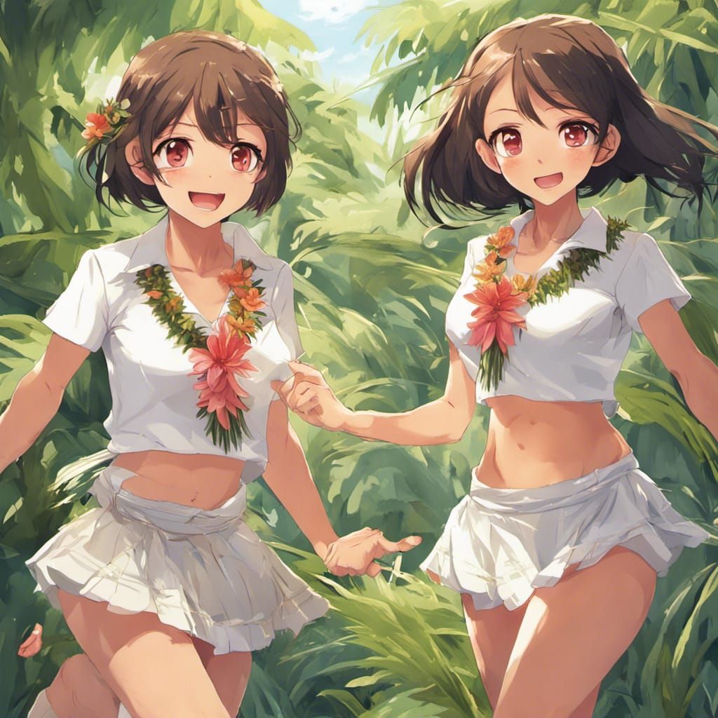 Two Hula Girls Dancing in Anime Style