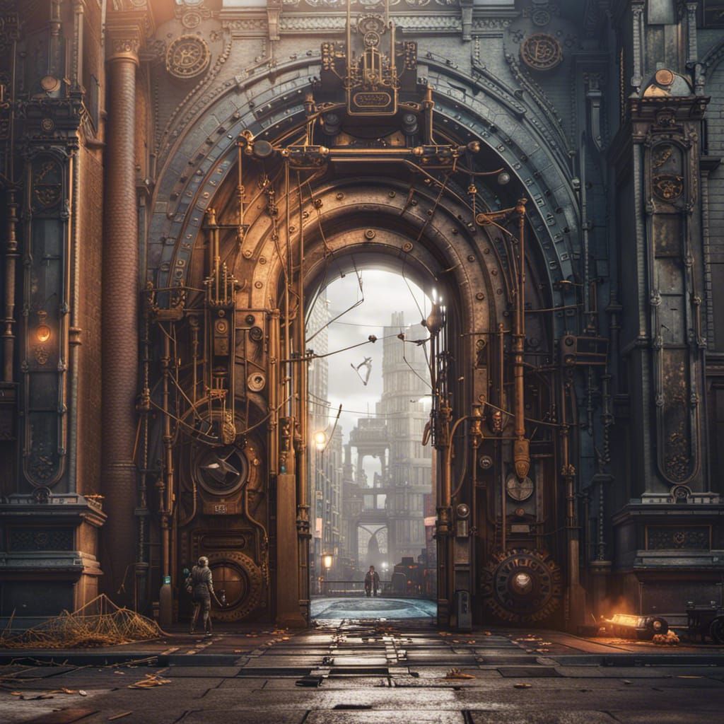 Steampunk Time Machine Portal in a Detailed City