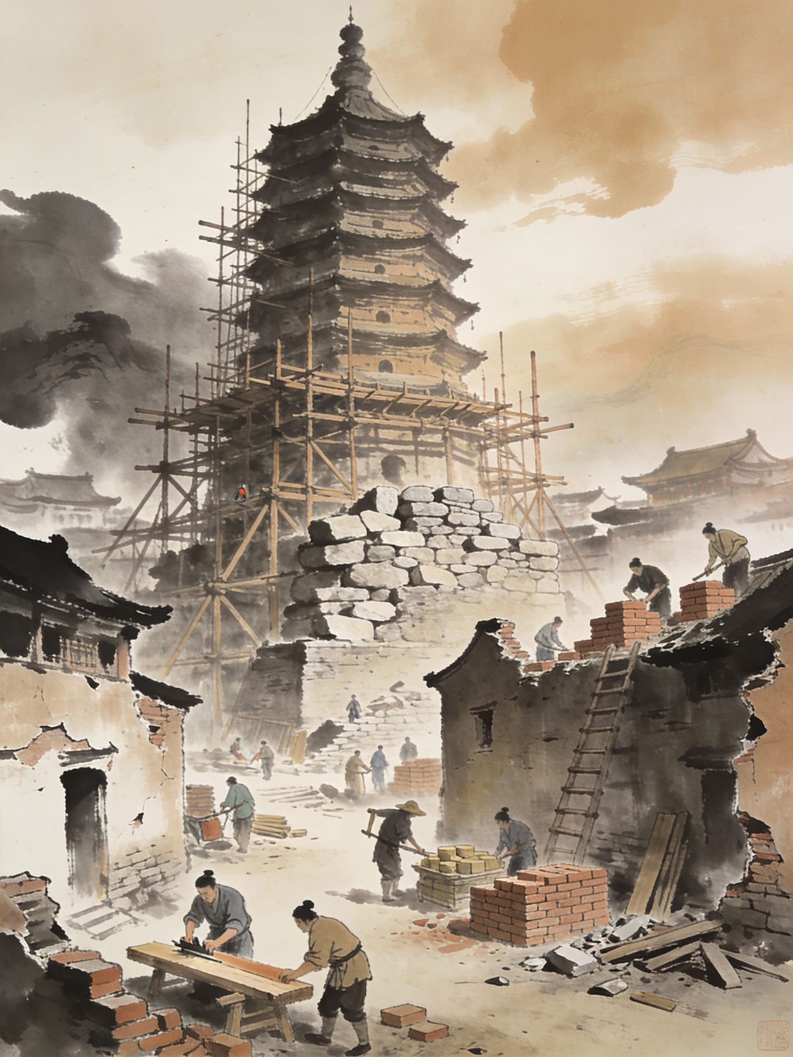 Ancient Chinese City Rebuilding in Ink Wash Style