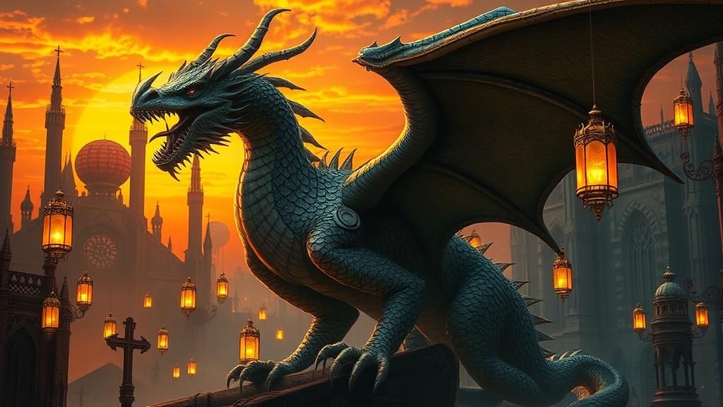 Steampunk Dragon in Gothic Cathedral with Airships