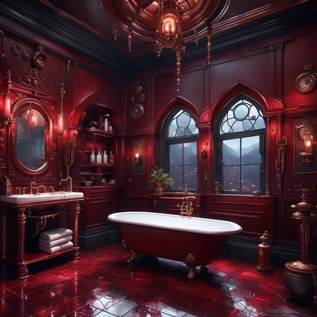 Deep Crimson Gothic Steam Punk inspired master bathroom