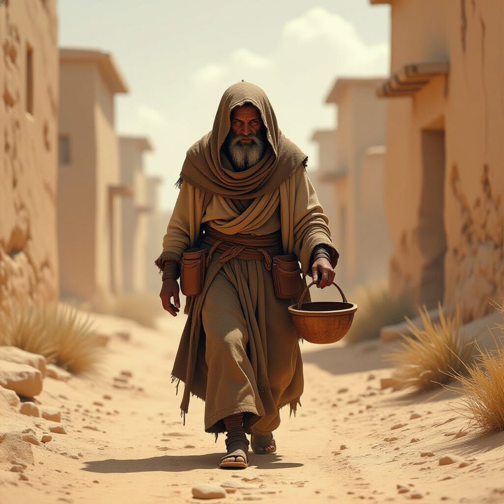 Ancient Civilizations Beggar in Retro-Futuristic Style