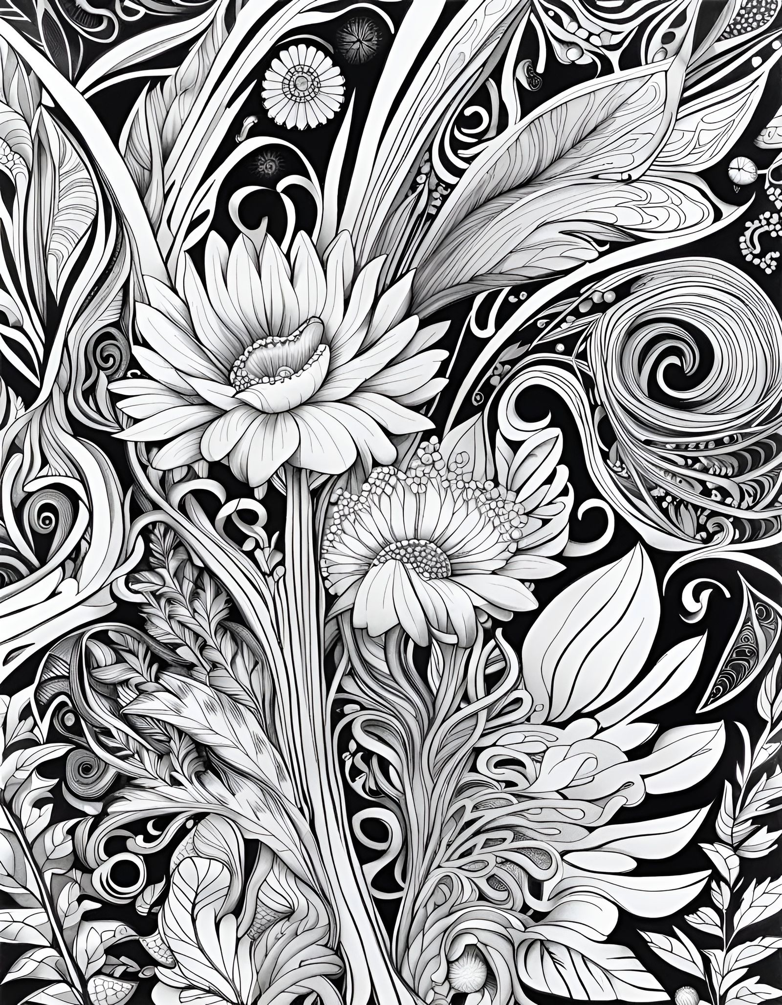 Intricate Surrealist Floral Line Art in Black and White