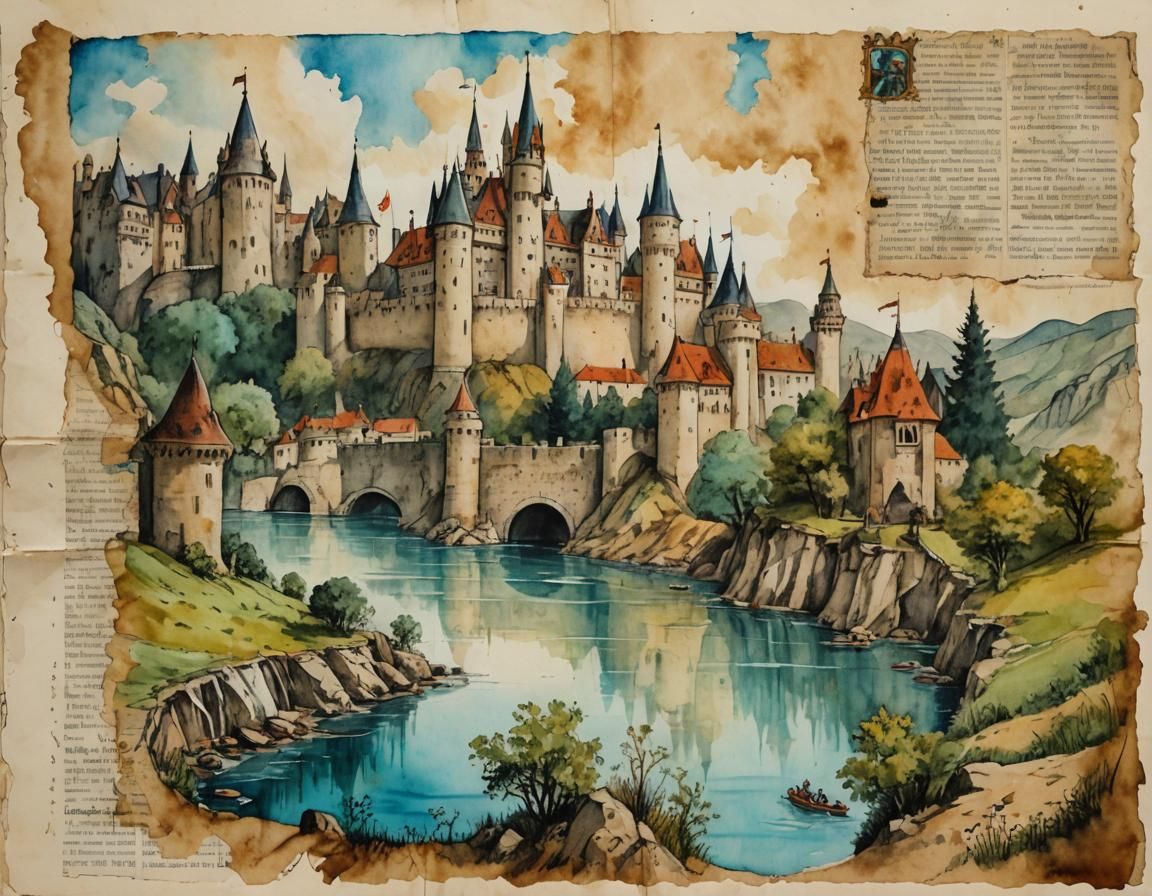 Castle River Scene on Vintage Parchment, Watercolor Style