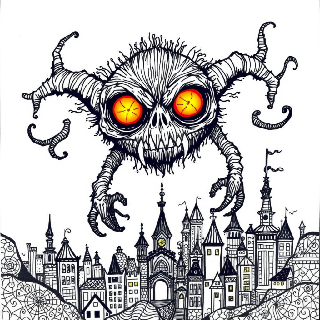 Eldritch Doodle Monster Over Zentangle Cityscape