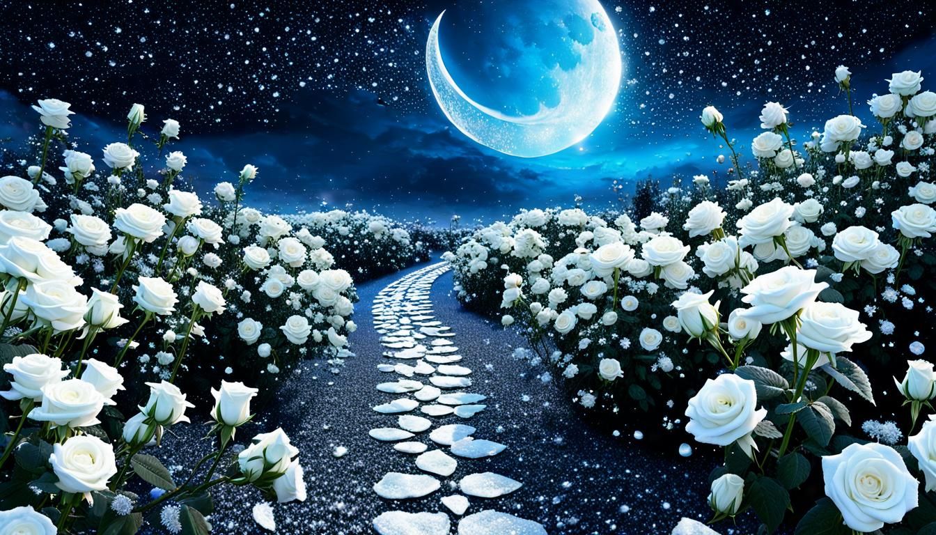 Elegant white roses fields & Path leading up to the moonlit ...
