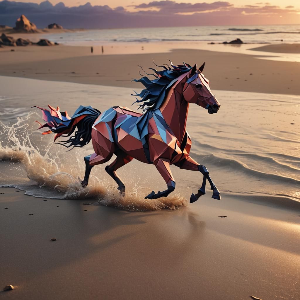Origami Horse Runs on Beach at Sunset