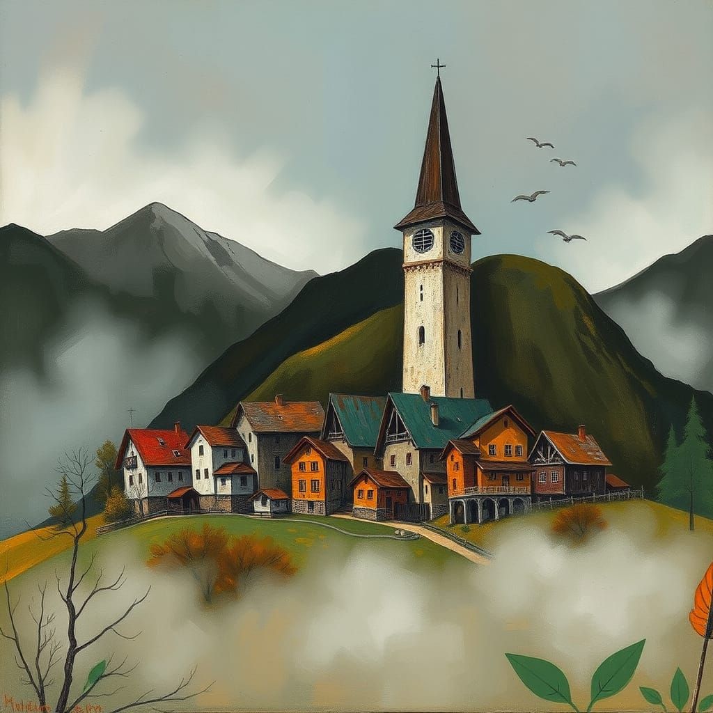 Naive Village Scene in Earthy Tones, Art Brut Style