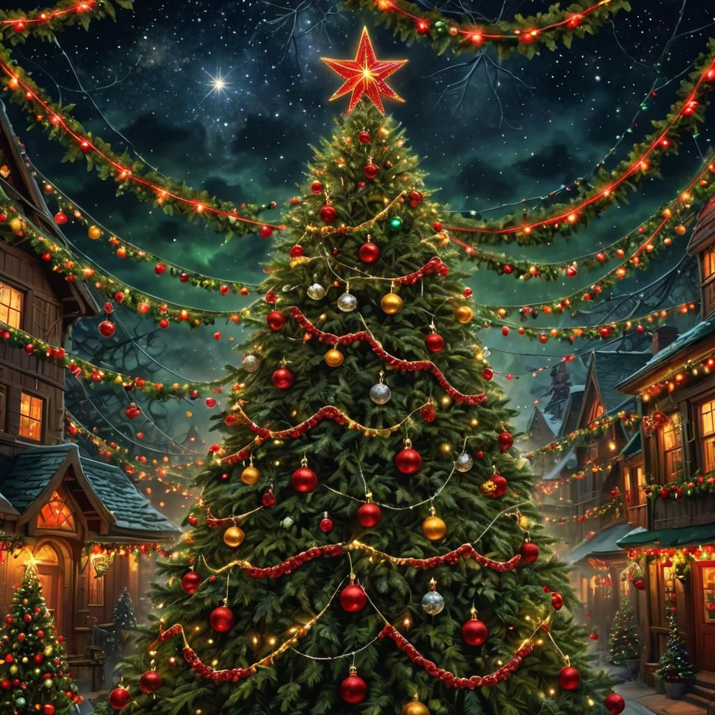 Festive Christmas Tree with Red and Silver Garlands