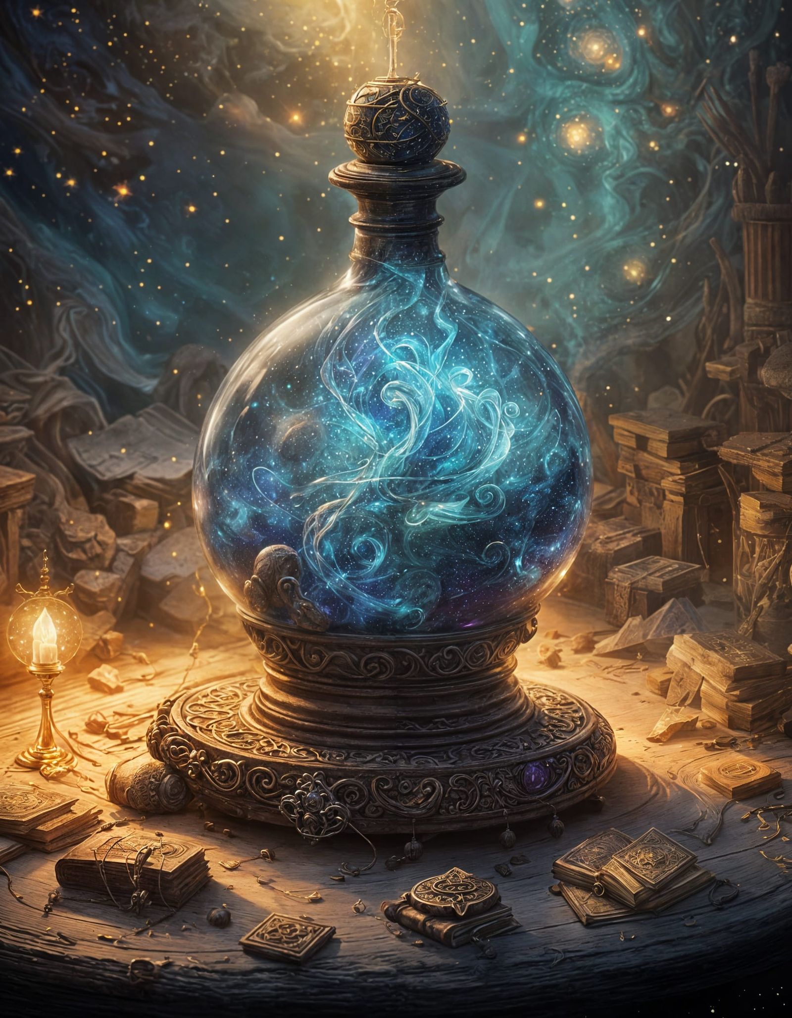 Enchanted Potion Bottle with Cosmic Swirls in Wizard Worksho...