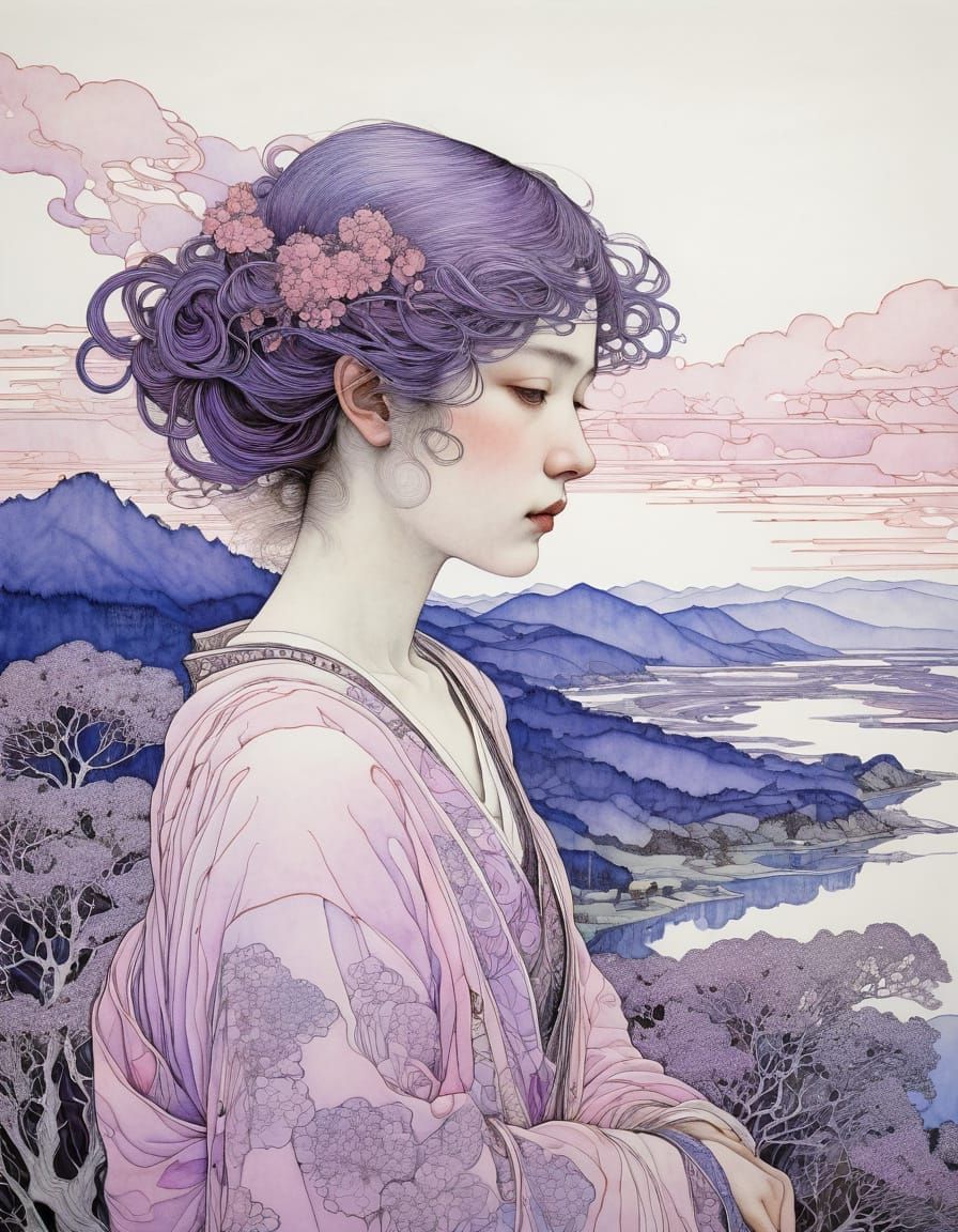 Art Nouveau Woman in Spring Landscape