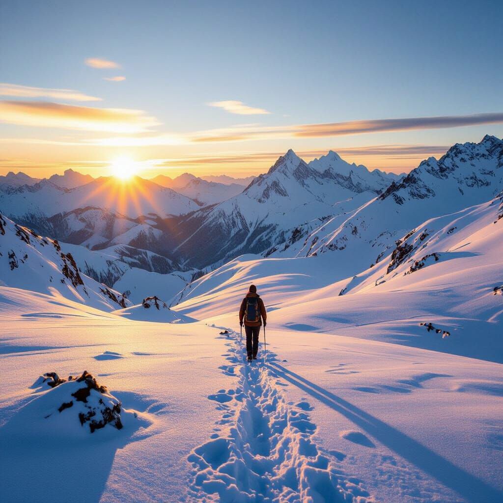 Lone Hiker in Golden Hour Alpine Landscape