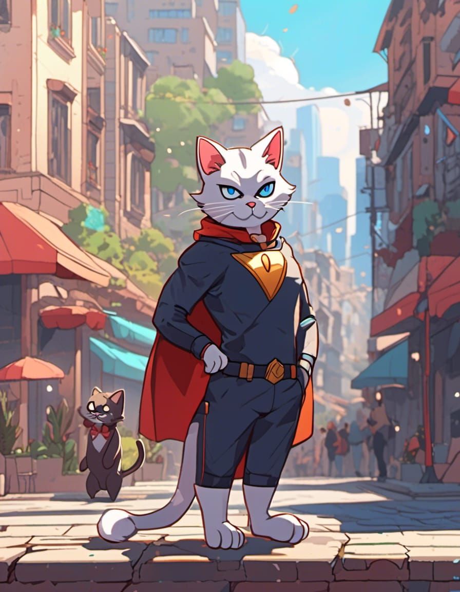Anime Cat Superhero in City Square