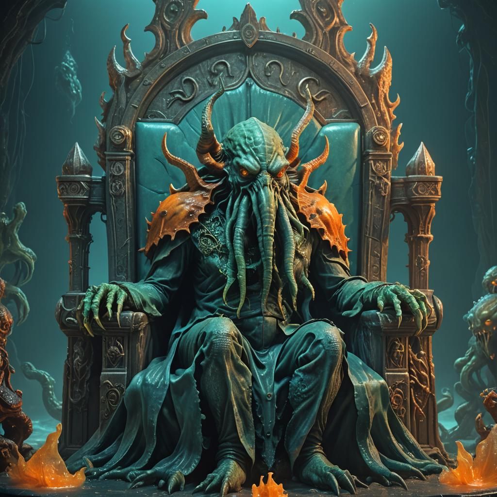 Cthulhu on Throne in Deep Sea: 3D Render