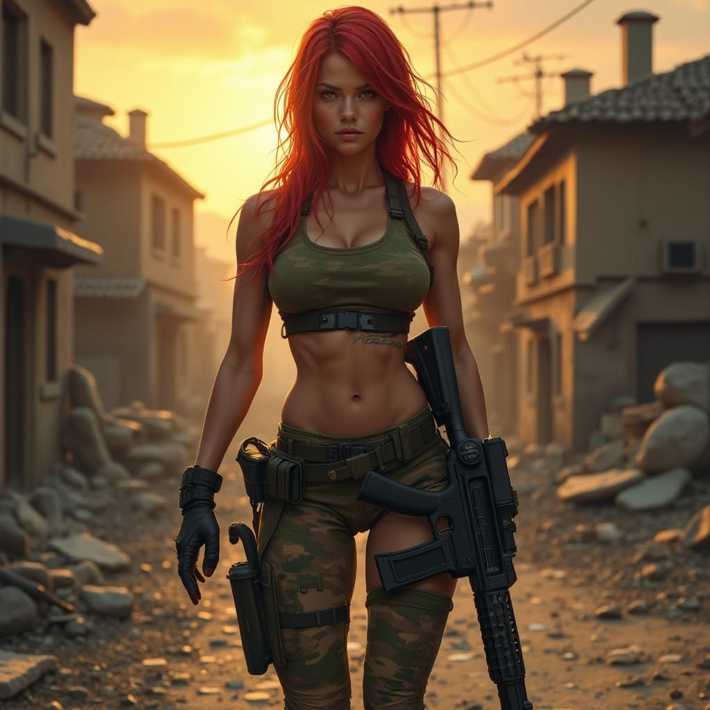 Hyper-Realistic Female Soldier in Battle-Scarred Village