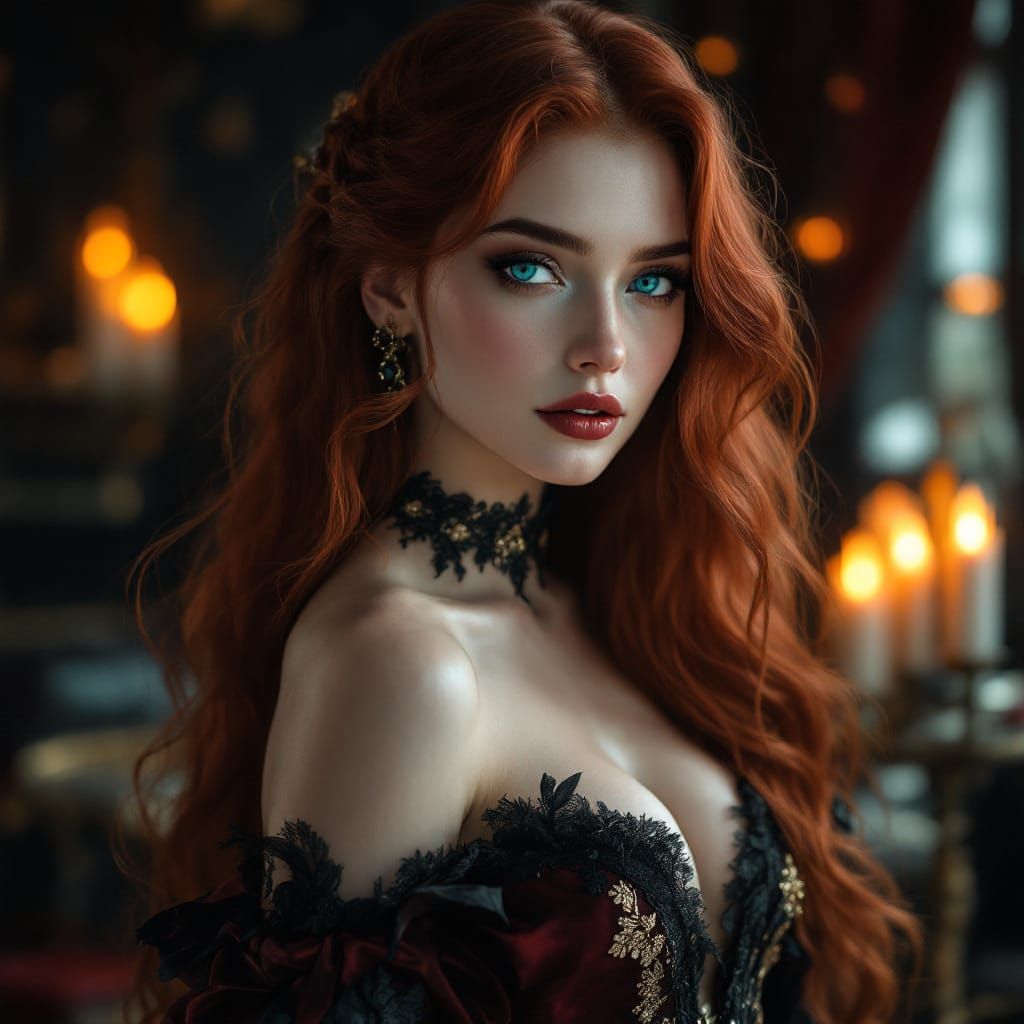 Elegant Gothic Woman with Crimson Hair in Candlelit Interior