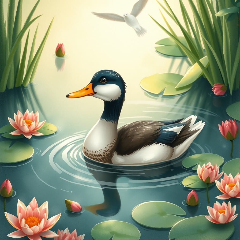 Whimsical Water Lily Pond Scene in Beatrix Potter Style