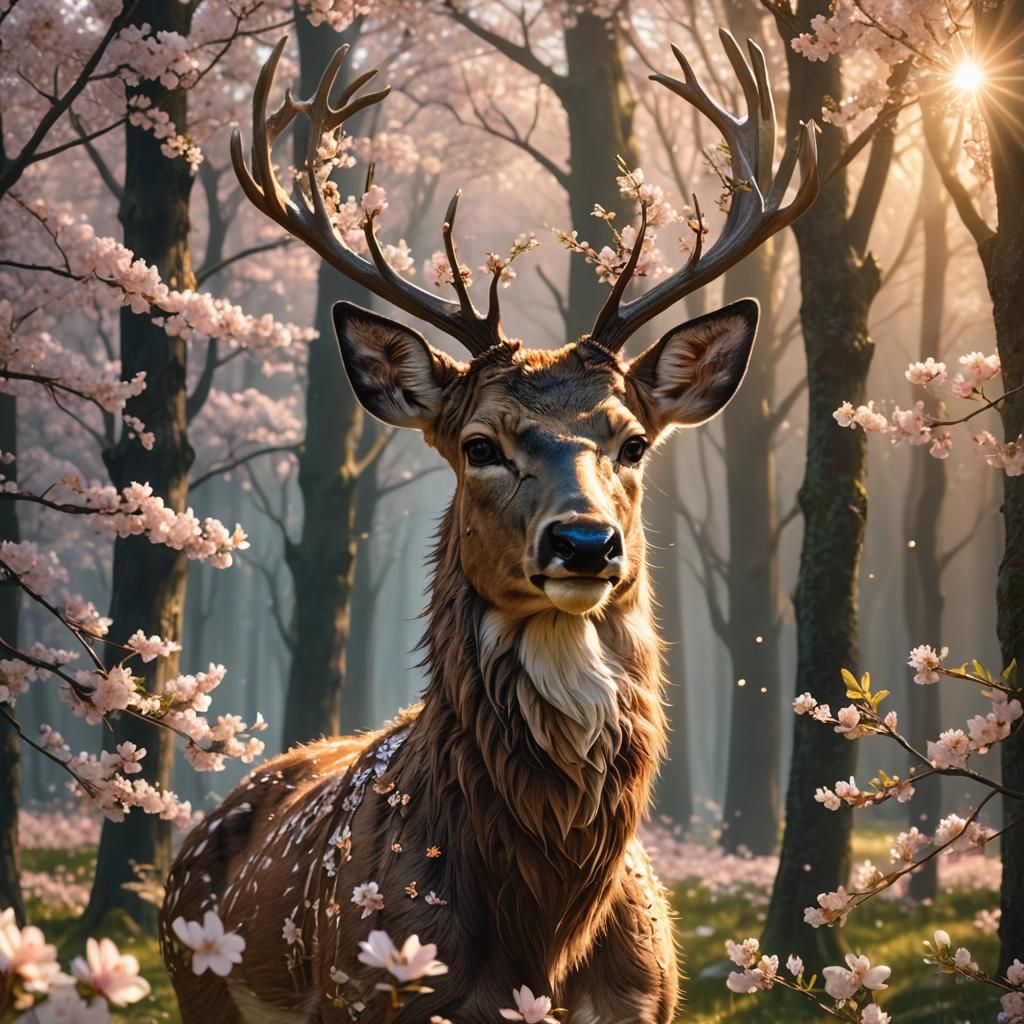 Deer with Cherry Blossoms in Forest Clearing