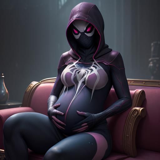 Spider-Gwen Sitting Pregnant: Detailed Fantasy Art