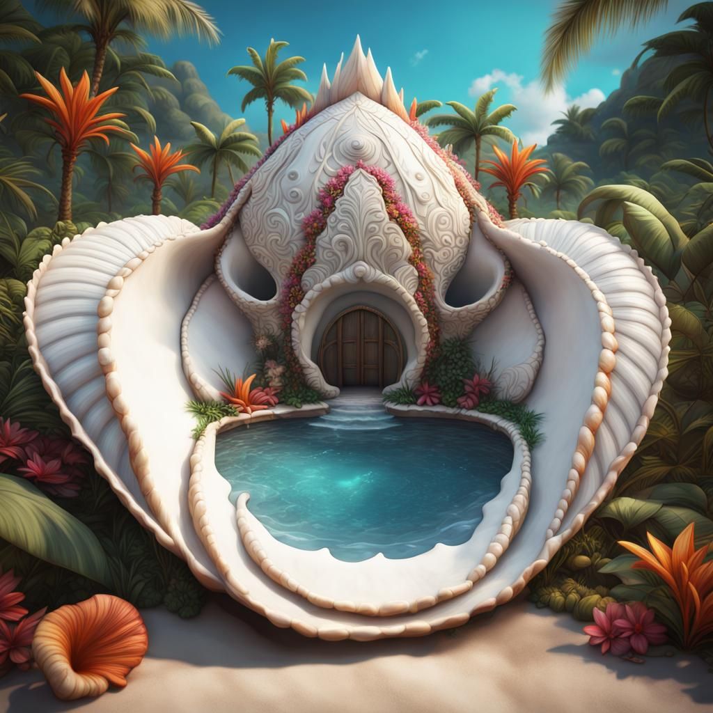 Exotic Seashell Home in Tropical Jungle, Matte Painting