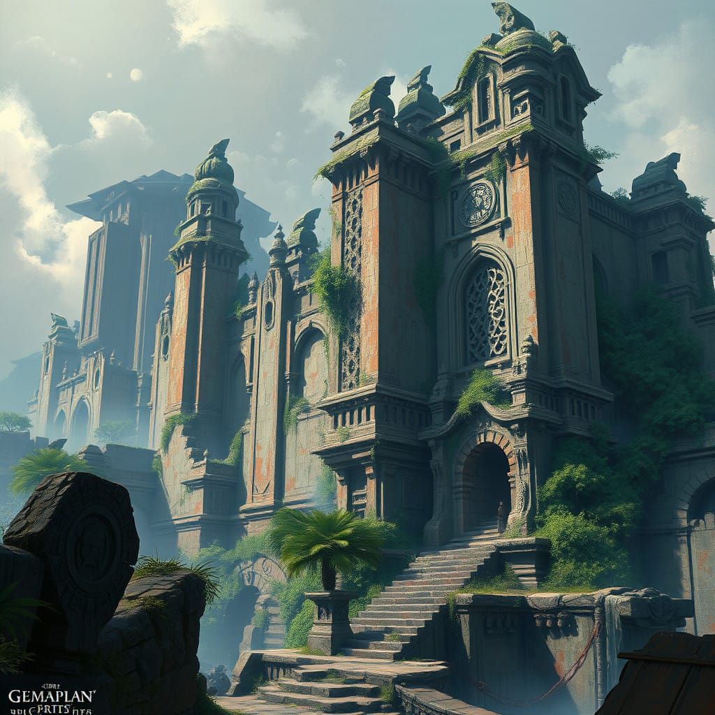 Ancient, Weathered Stone Structures in Dreamlike Landscapes