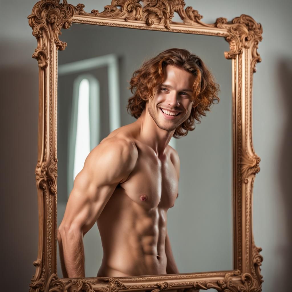 Charming Redhead Poses Shirtless in Mirror: 4K Photo