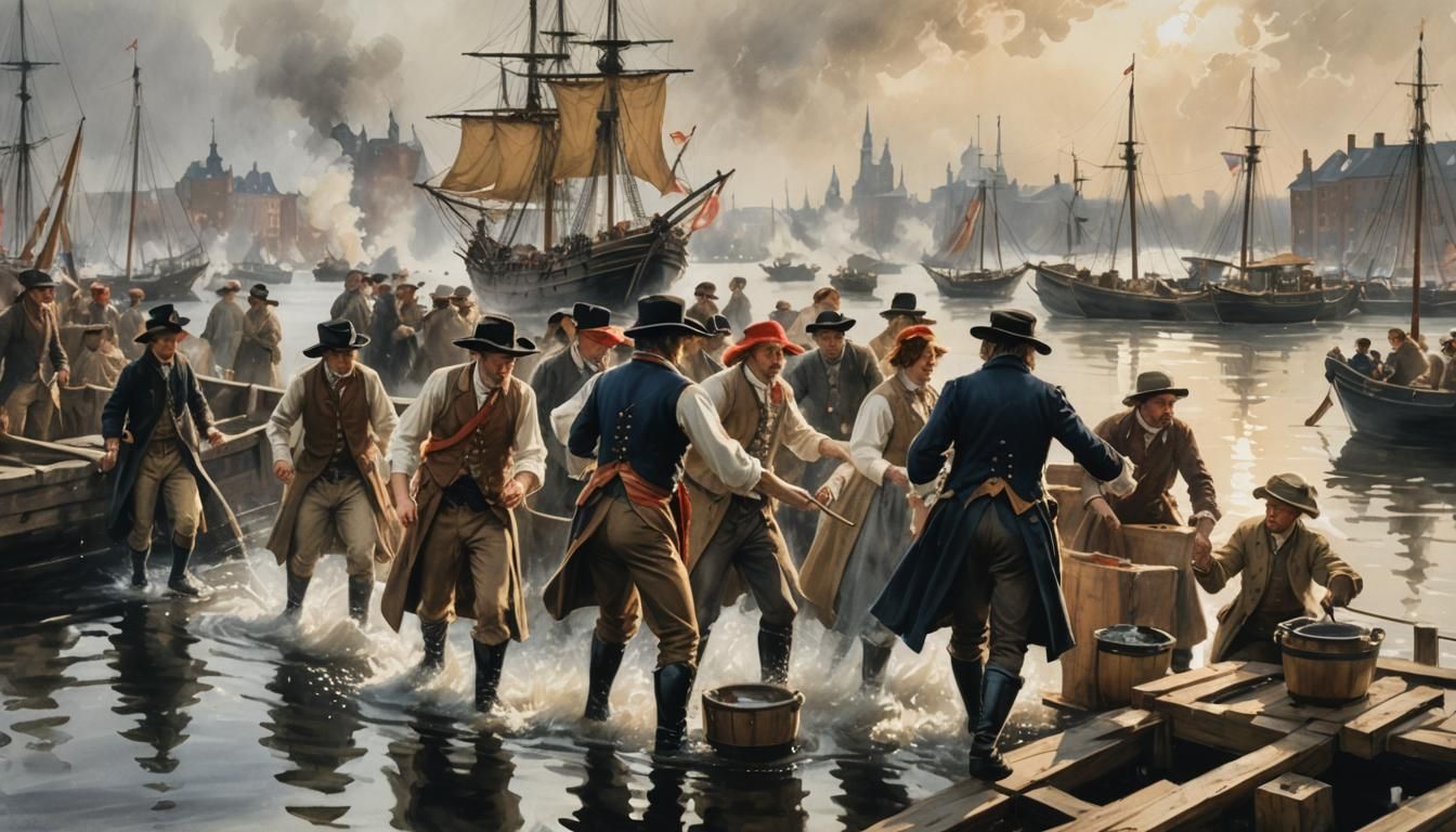 Boston Tea Party in Zorn Watercolor Style